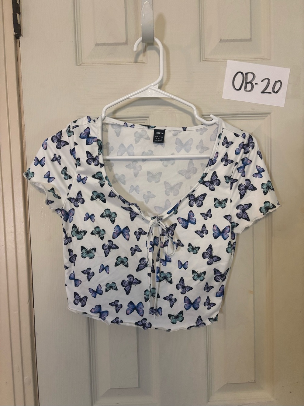 SHEIN White Butterfly Tie-Front Crop Top
